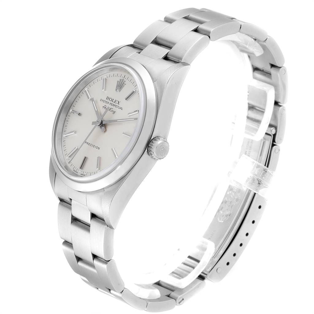 The image shows a Rolex Air-King 14000 Men's Stainless Steel Silver Dial 14000 Men's Stainless Steel Silver Dial watch at a slightly angled side view, highlighting its silver dial and stainless steel bracelet.