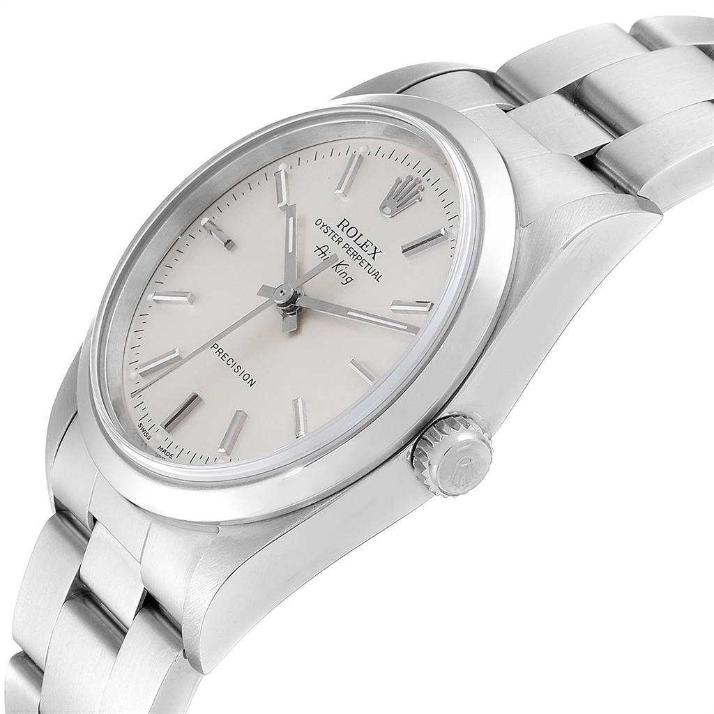 The image shows a side angle of a Rolex Air-King 14000 Men's Stainless Steel Silver Dial 14000 Men's Stainless Steel Silver Dial watch, displaying the face, crown, and bracelet link.