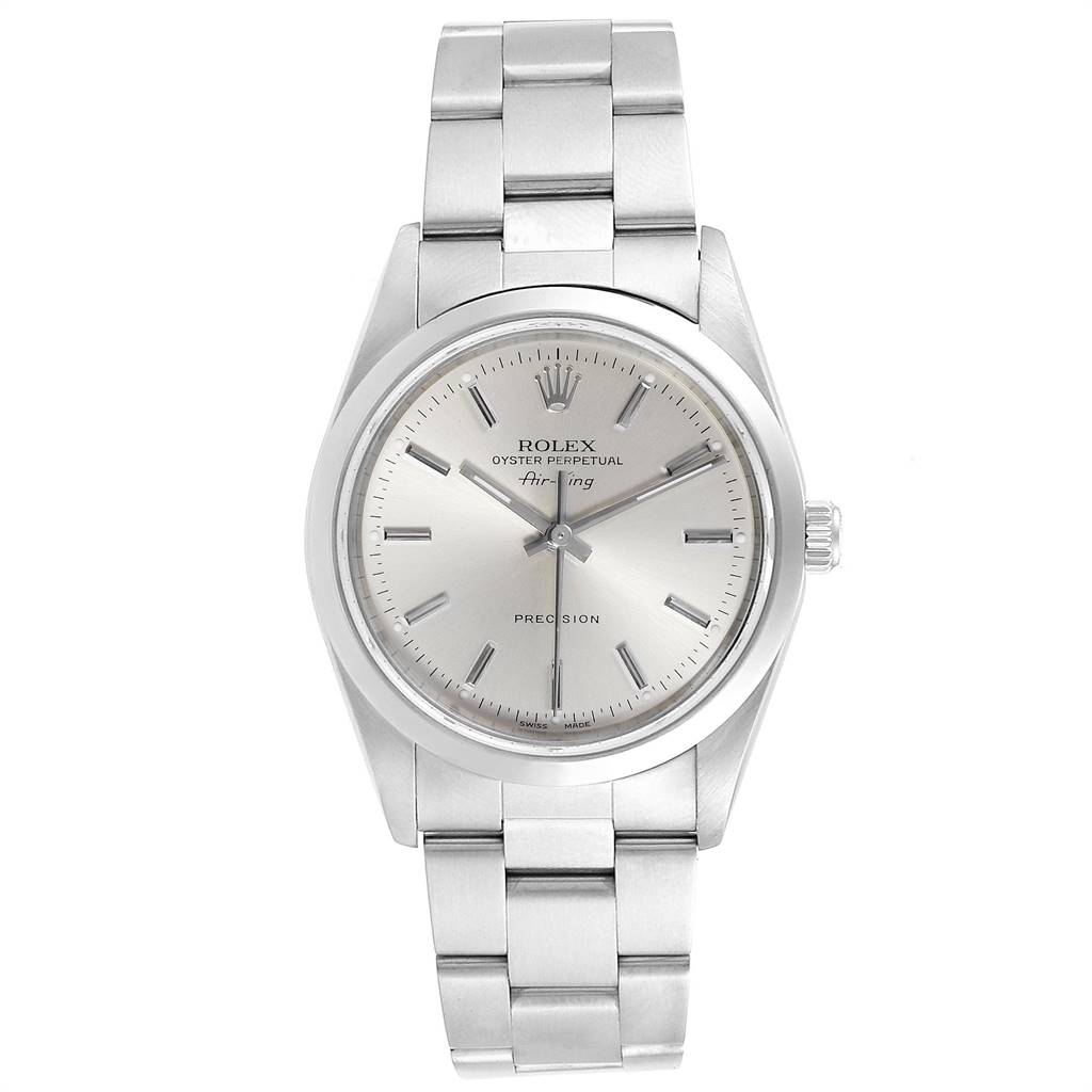 The image shows a front view of a Rolex Air-King 14000 Men's Stainless Steel Silver Dial 14000 Men's Stainless Steel Silver Dial watch, displaying its face, hands, and metal bracelet.