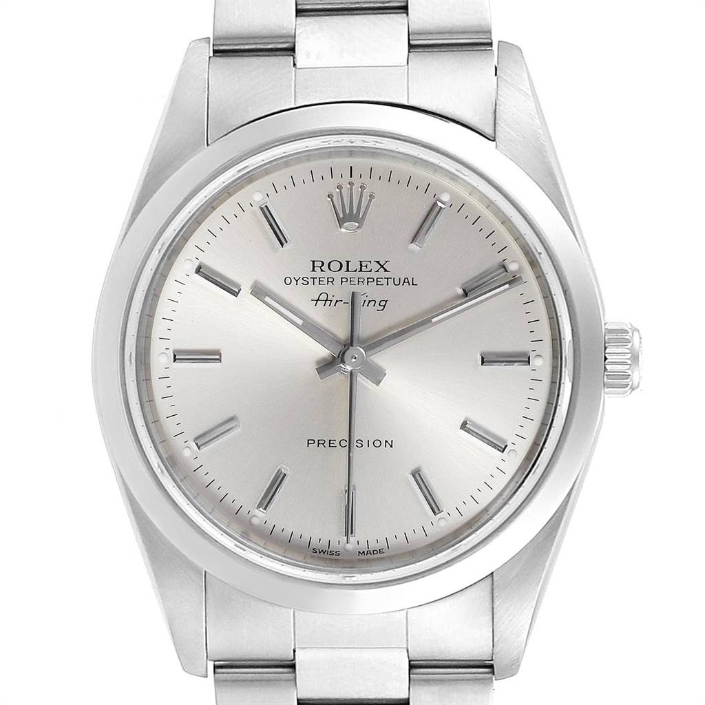 The Rolex Air-King 14000 Men's Stainless Steel Silver Dial 14000 Men's Stainless Steel Silver Dial watch is shown from a top-down angle, featuring its face, bezel, crown, and bracelet.