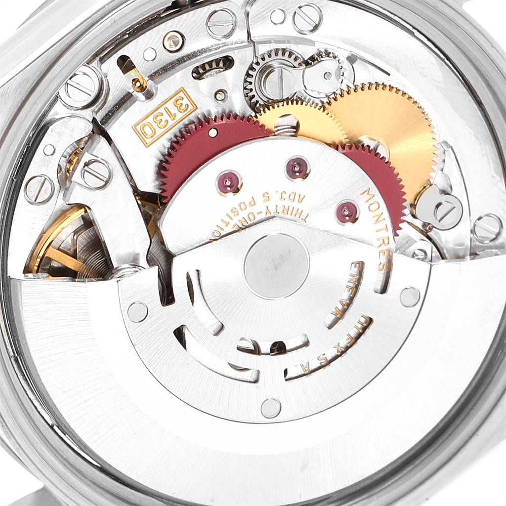 This close-up image shows the intricate inner mechanical components of the Rolex Air-King 14000 Men's Stainless Steel Silver Dial 14000 Men's Stainless Steel Silver Dial watch.