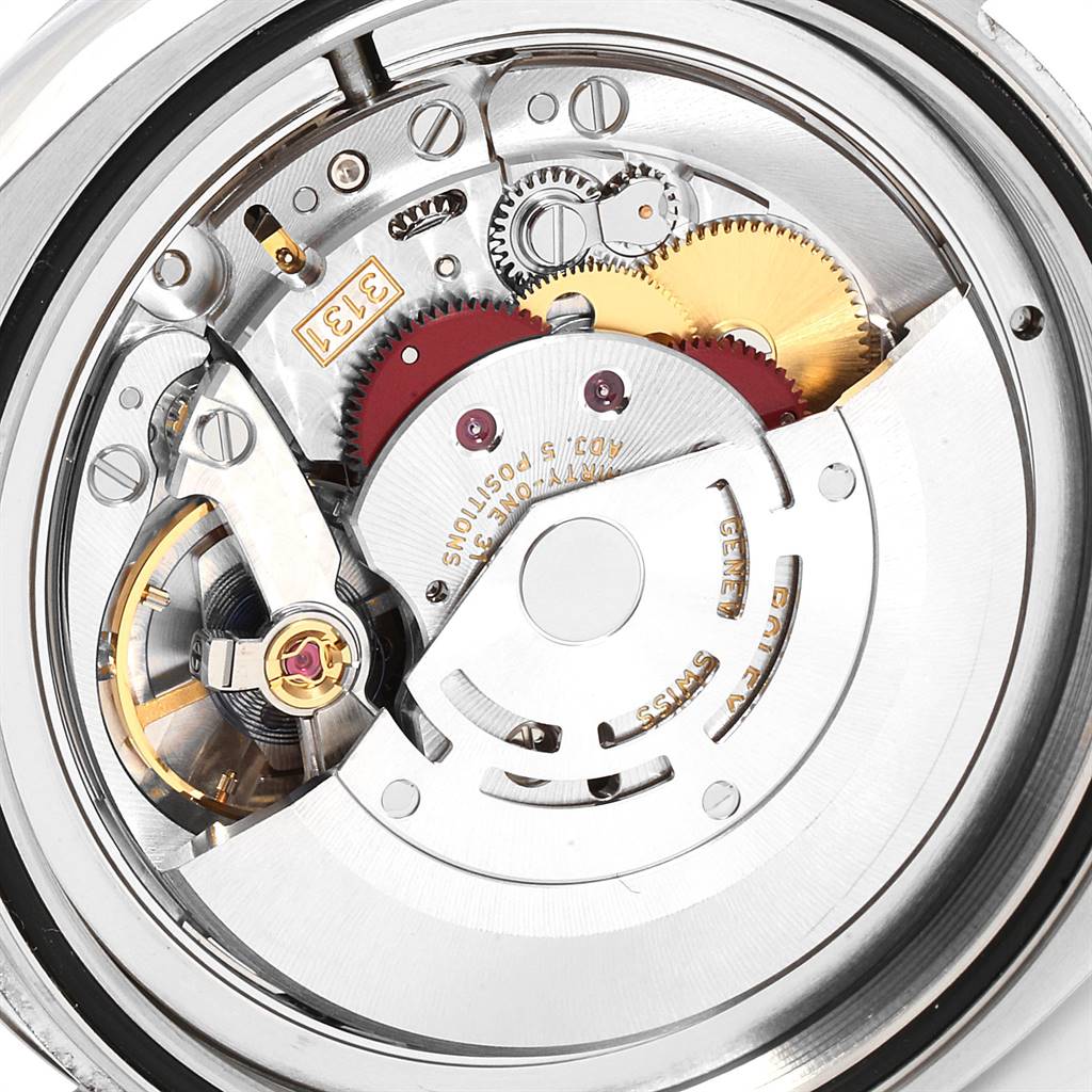 The image shows the intricate internal mechanics and movement parts of a Rolex Air-King 116900 Men's Stainless Steel Black Dial 116900 Men's Stainless Steel Black Dial watch from a close-up perspective.