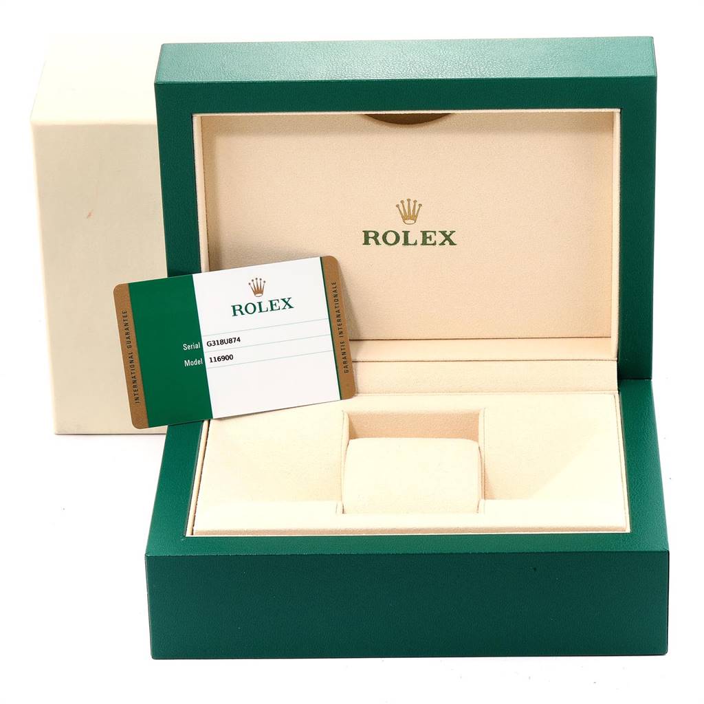 The image shows an open green Rolex Air-King 116900 Men's Stainless Steel Black Dial 116900 Men's Stainless Steel Black Dial watch box and an authenticity card.