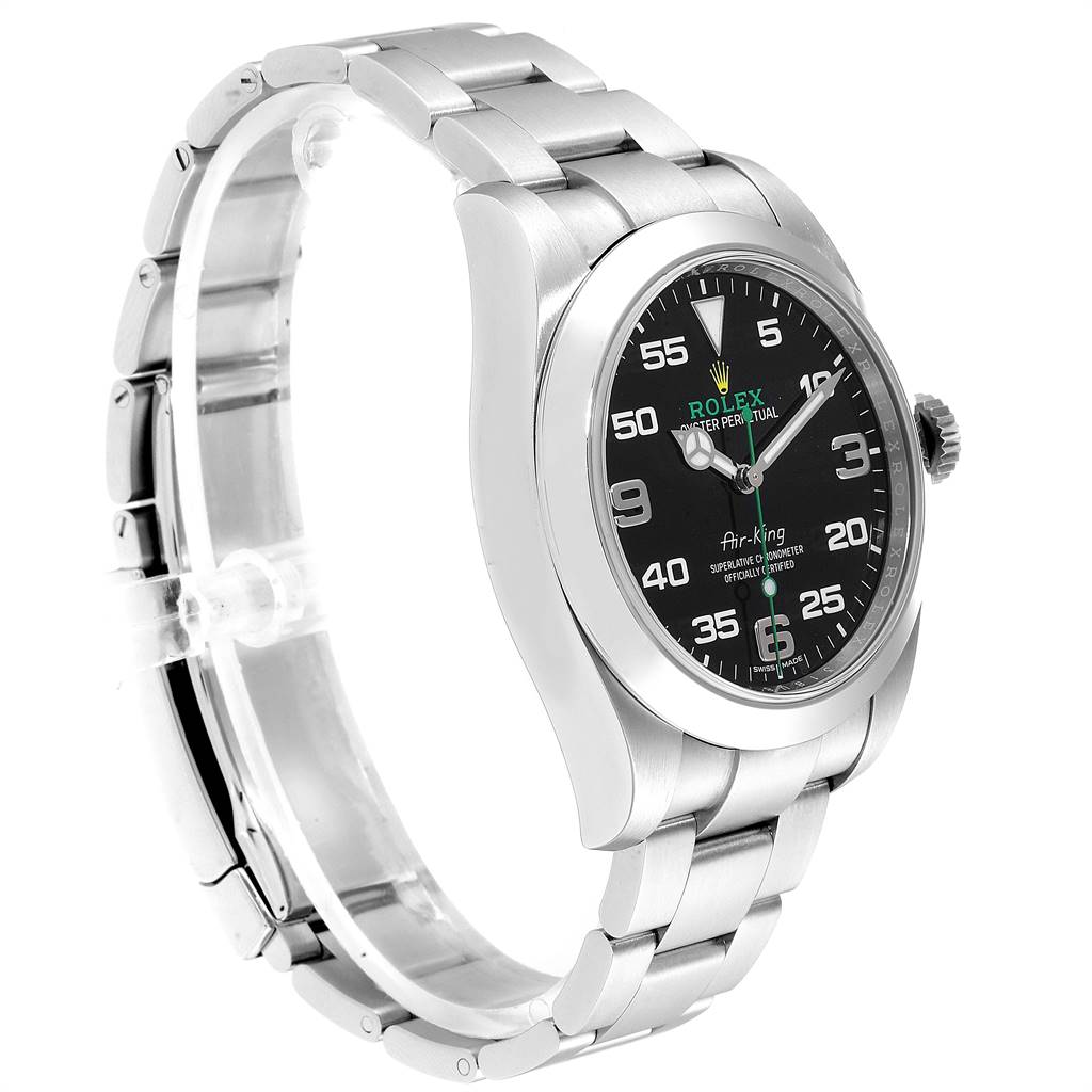 The Rolex Air-King 116900 Men's Stainless Steel Black Dial 116900 Men's Stainless Steel Black Dial watch is shown from an angled side view, highlighting its stainless steel case, bracelet, and black dial.