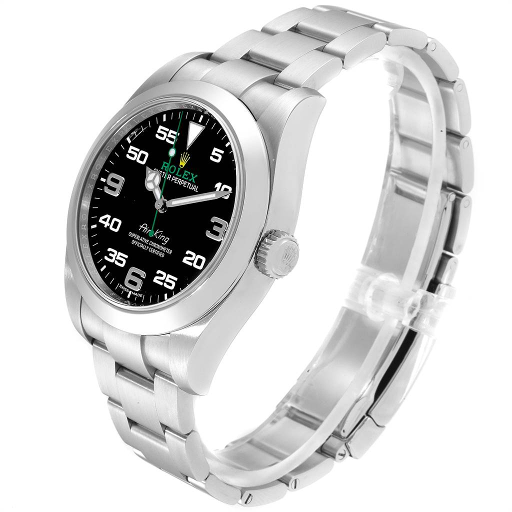 The image shows a Rolex Air-King 116900 Men's Stainless Steel Black Dial 116900 Men's Stainless Steel Black Dial watch at a three-quarter angle, displaying its face, crown, and stainless steel bracelet.
