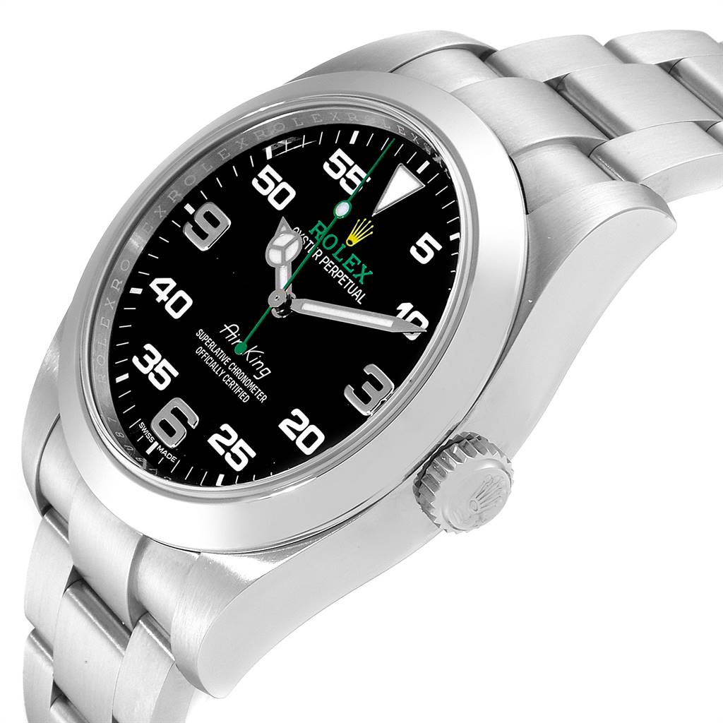 The image shows a Rolex Air-King 116900 Men's Stainless Steel Black Dial 116900 Men's Stainless Steel Black Dial model watch at a three-quarter angle, highlighting its face, bezel, crown, and part of the bracelet.