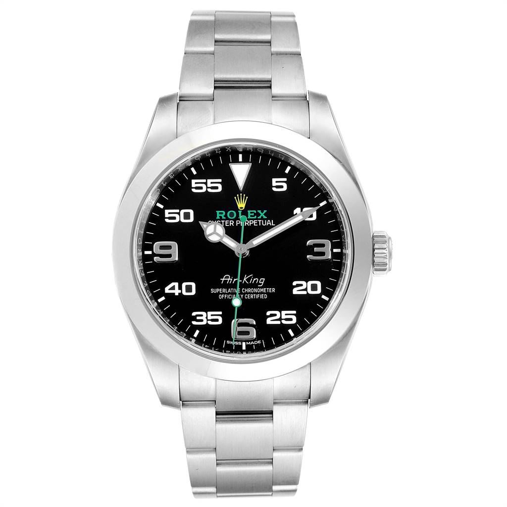 The image shows a front view of a Rolex Air-King 116900 Men's Stainless Steel Black Dial 116900 Men's Stainless Steel Black Dial watch, displaying its black dial, steel case, and bracelet.