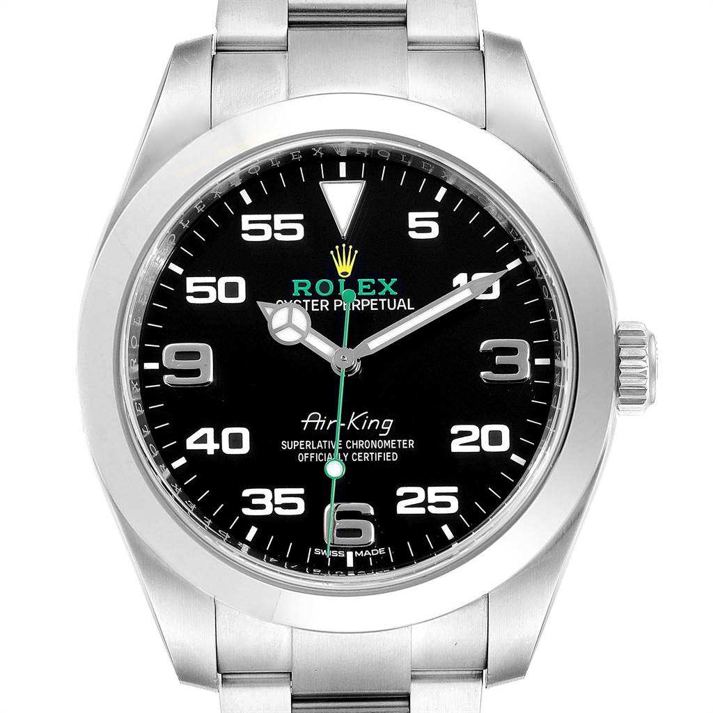 This image shows a front view of the Rolex Air-King 116900 Men's Stainless Steel Black Dial 116900 Men's Stainless Steel Black Dial watch, displaying the dial, hands, crown, and part of the bracelet.