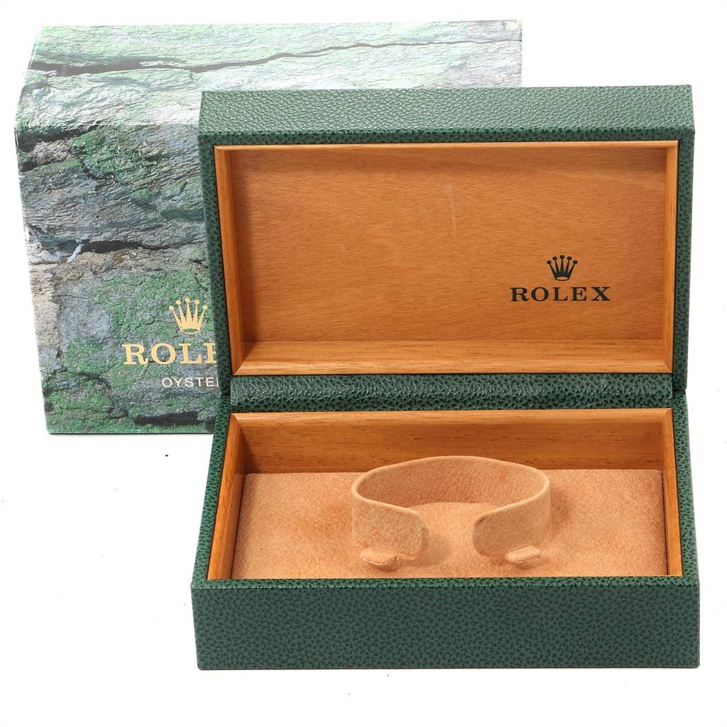 The image shows an open Rolex Air-King 14000 Men's Stainless Steel Silver Dial 14000 Men's Stainless Steel Silver Dial watch box with the lid up and cushion inside, along with the outer packaging.