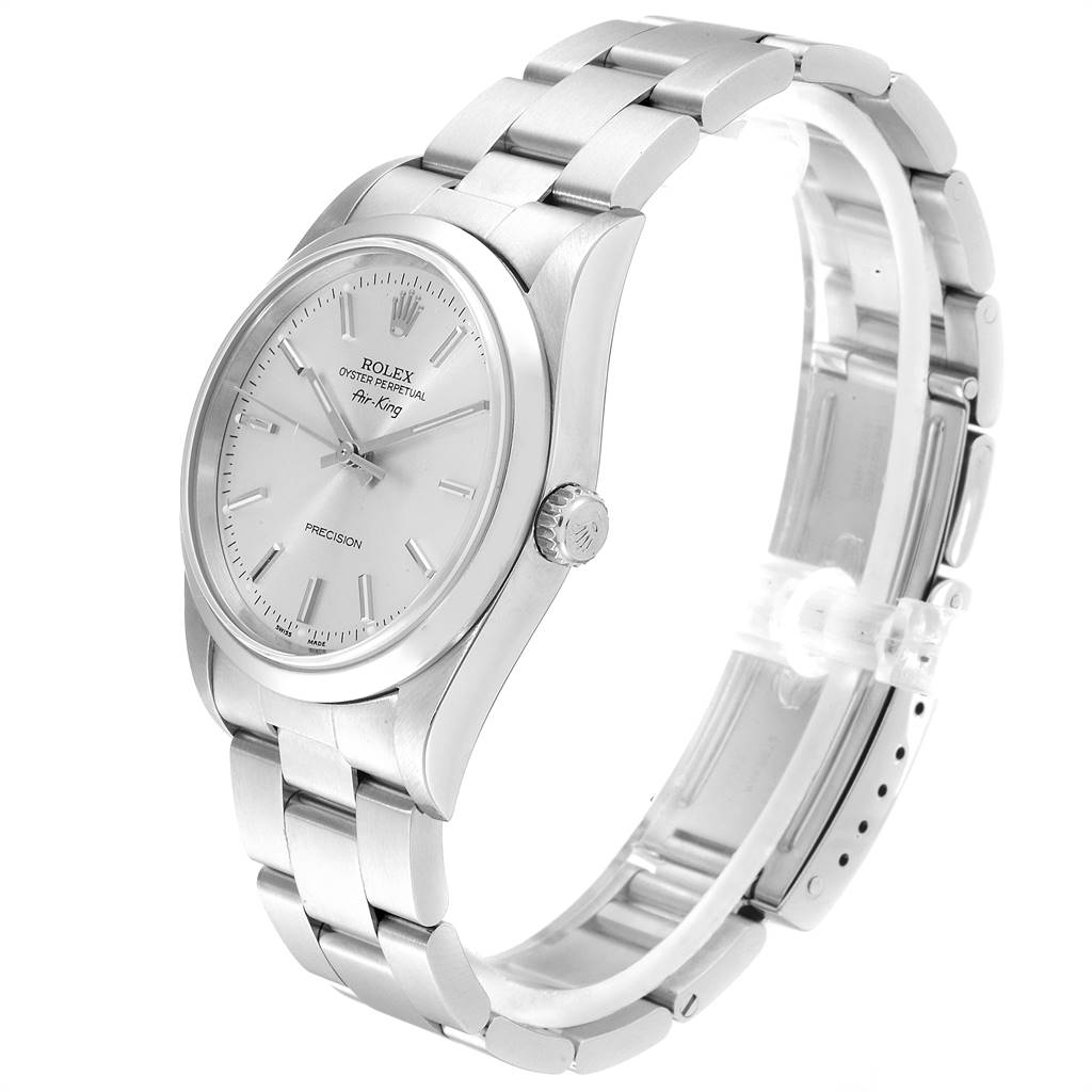 The Rolex Air-King 14000 Men's Stainless Steel Silver Dial 14000 Men's Stainless Steel Silver Dial watch is shown from a three-quarter angle, displaying the face, crown, and bracelet.