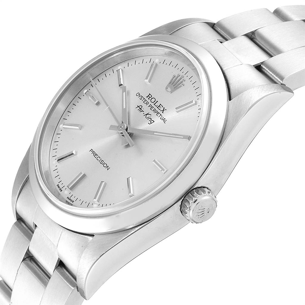This image features a Rolex Air-King 14000 Men's Stainless Steel Silver Dial 14000 Men's Stainless Steel Silver Dial watch shown at an oblique angle, displaying its face, crown, and part of the bracelet.