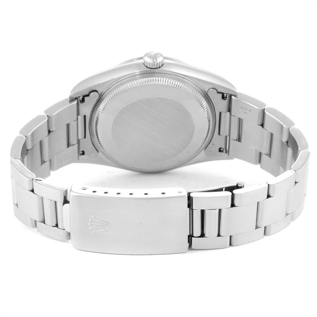 The image shows the rear view of the Rolex Air-King 14000 Men's Stainless Steel Silver Dial 14000 Men's Stainless Steel Silver Dial watch, highlighting its case back and stainless steel bracelet with a clasp.