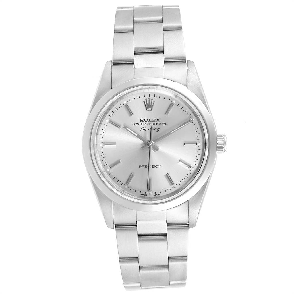 The Rolex Air-King 14000 Men's Stainless Steel Silver Dial 14000 Men's Stainless Steel Silver Dial watch is shown from a straight-on angle, displaying the face, bezel, crown, and bracelet.