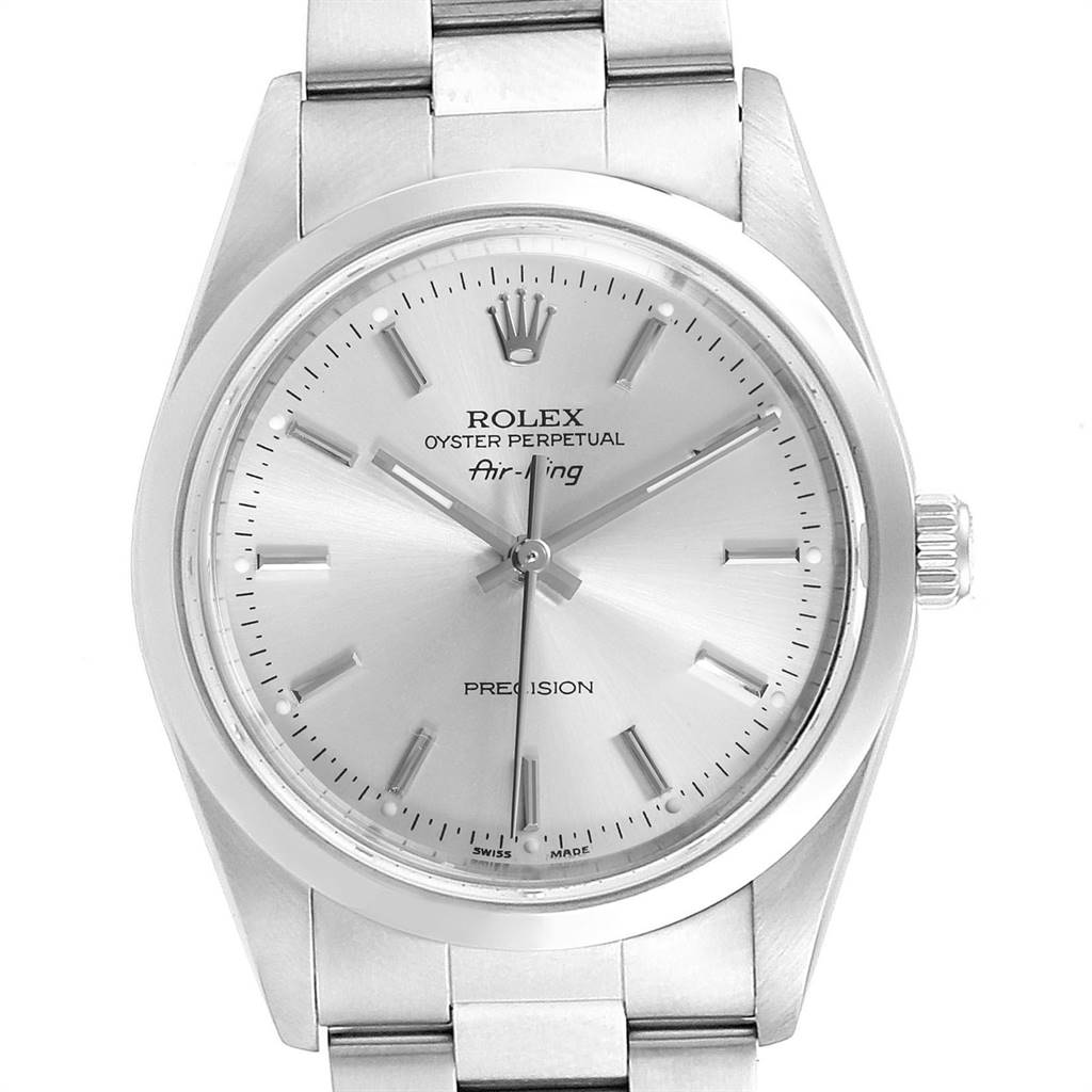The image shows a front view of a Rolex Air-King 14000 Men's Stainless Steel Silver Dial 14000 Men's Stainless Steel Silver Dial watch, displaying its dial, hands, crown, and part of the metal bracelet.