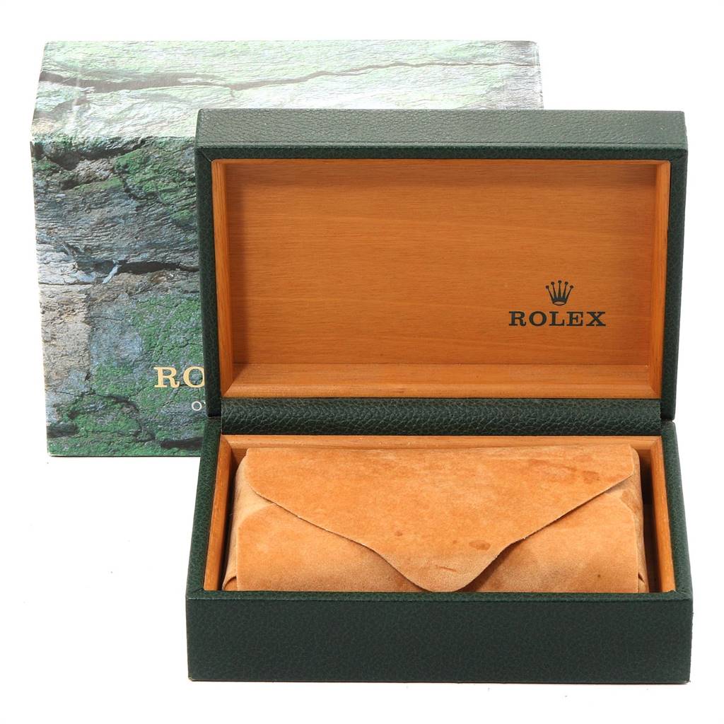 The image shows an open Rolex Air-King 14010 Men's Stainless Steel White Dial 14010 Men's Stainless Steel White Dial box with a leather pouch inside and a decorative outer box in the background.