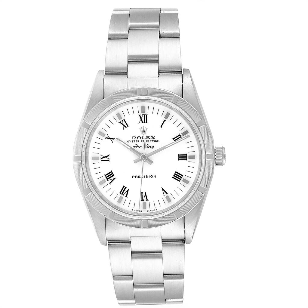 The Rolex Air-King 14010 Men's Stainless Steel White Dial 14010 Men's Stainless Steel White Dial watch is shown from a top-down view, displaying its face, bezel, and bracelet.