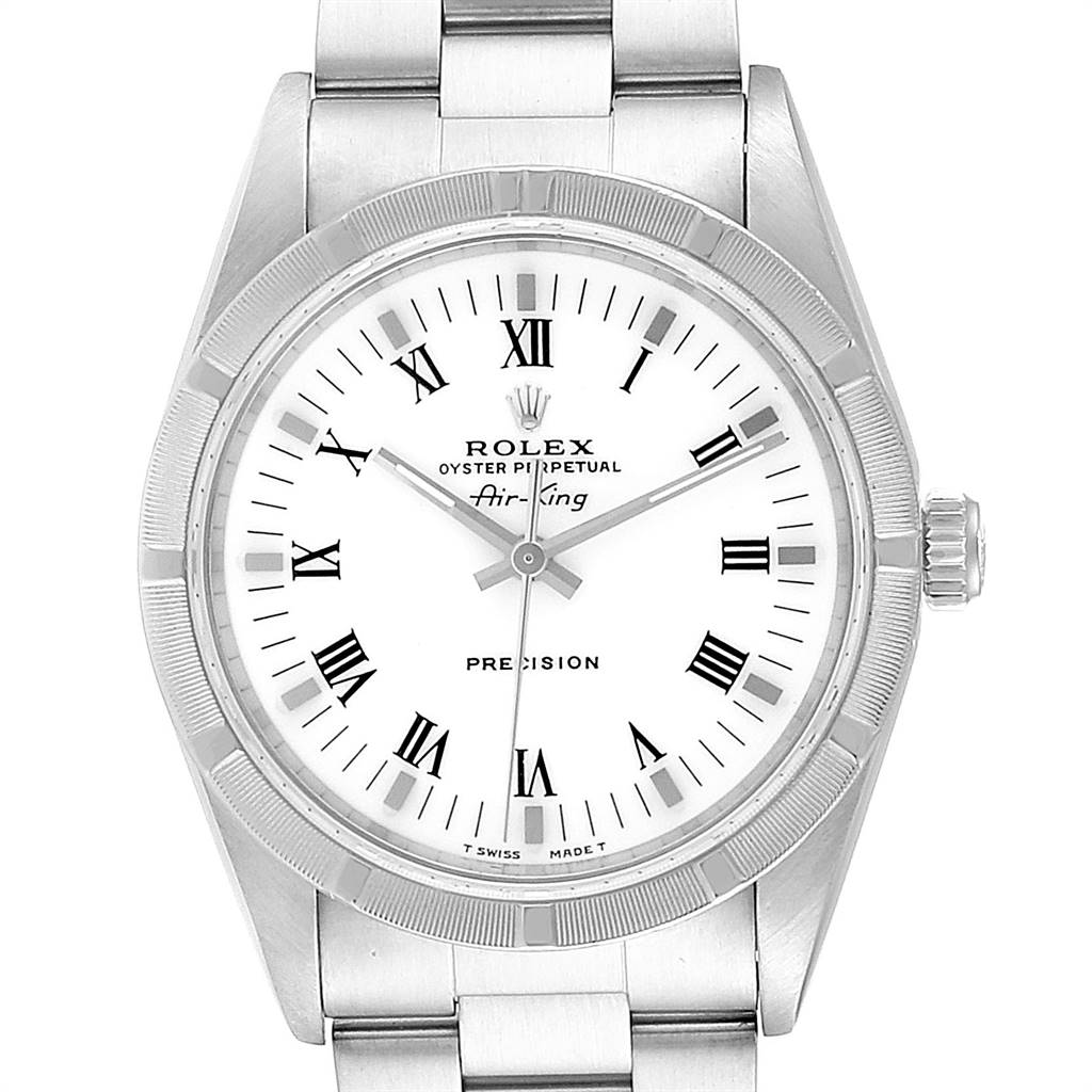The image shows a front view of a Rolex Air-King 14010 Men's Stainless Steel White Dial 14010 Men's Stainless Steel White Dial watch, highlighting its dial, bezel, and a portion of the bracelet.