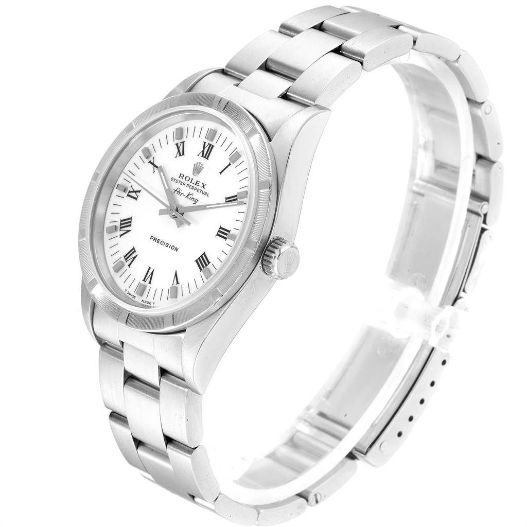 The image shows a side and partial front angle of the Rolex Air-King 14010 Men's Stainless Steel White Dial 14010 Men's Stainless Steel White Dial watch, highlighting its face, bezel, and bracelet.