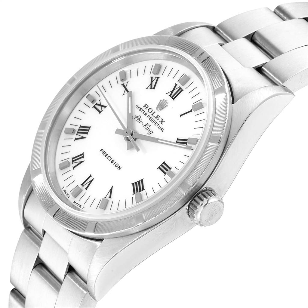 The image shows a close-up of the Rolex Air-King 14010 Men's Stainless Steel White Dial 14010 Men's Stainless Steel White Dial watch, highlighting its white dial, Roman numerals, and metal bracelet.
