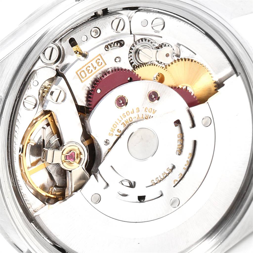This is a close-up view of the movement mechanism of a Rolex Air-King 14000 Men's Stainless Steel Silver Dial 14000 Men's Stainless Steel Silver Dial watch.