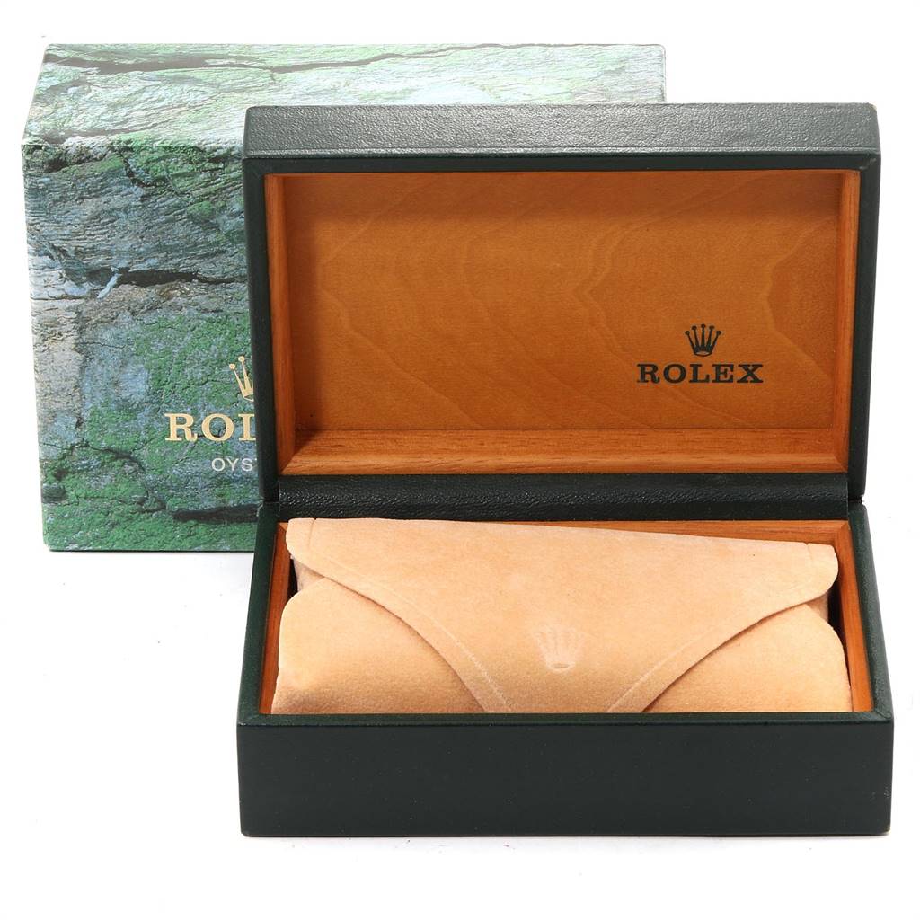 The image shows a Rolex Air-King 14000 Men's Stainless Steel Silver Dial 14000 Men's Stainless Steel Silver Dial watch box and a closed beige pouch inside the box, viewed from the front.
