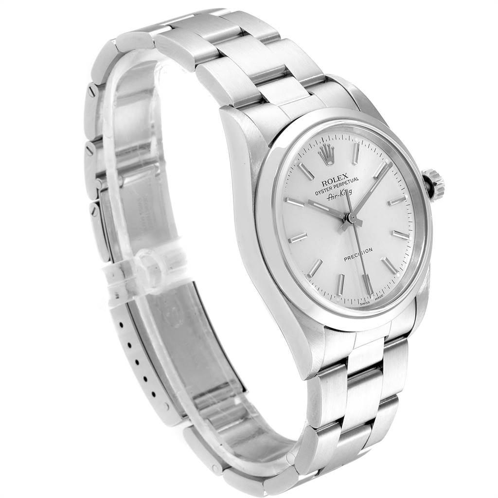 The Rolex Air-King 14000 Men's Stainless Steel Silver Dial 14000 Men's Stainless Steel Silver Dial watch is shown at a three-quarter angle, highlighting the face, bezel, and stainless steel bracelet.
