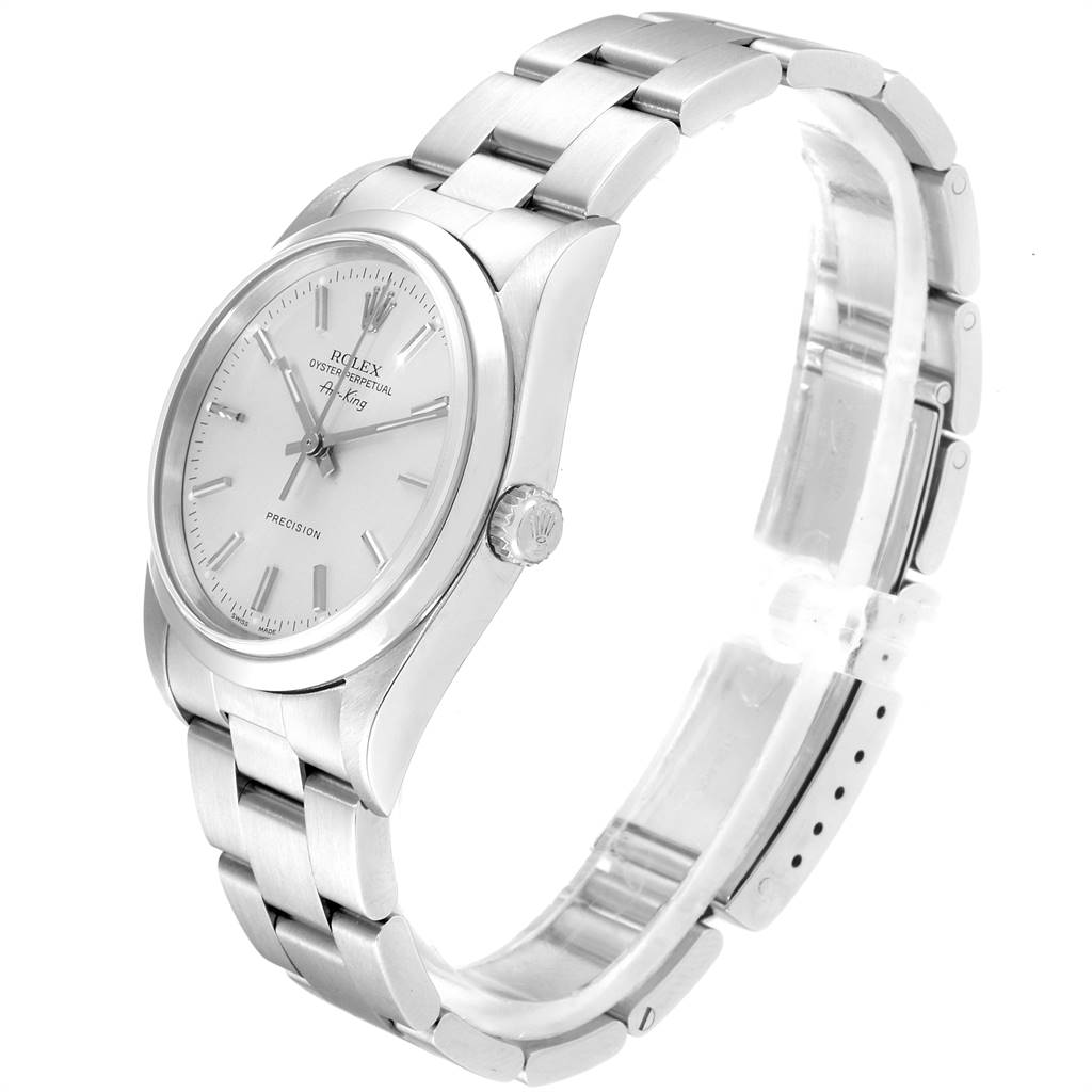 This image shows a side angle view of a Rolex Air-King 14000 Men's Stainless Steel Silver Dial 14000 Men's Stainless Steel Silver Dial watch, highlighting its face, bezel, crown, and partially open bracelet.