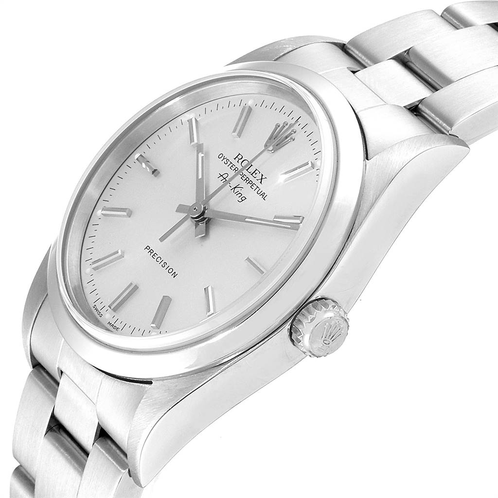 The Rolex Air-King 14000 Men's Stainless Steel Silver Dial 14000 Men's Stainless Steel Silver Dial watch is shown at an angled close-up, highlighting the dial, crown, and part of the bracelet.