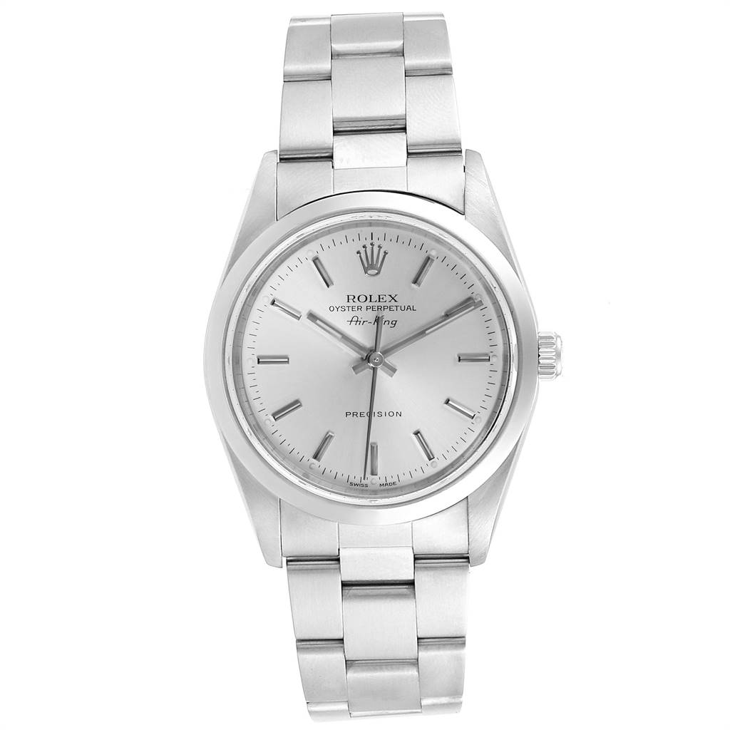 The watch, a Rolex Air-King 14000 Men's Stainless Steel Silver Dial 14000 Men's Stainless Steel Silver Dial model, is shown from a front view, displaying its dial, case, and bracelet.