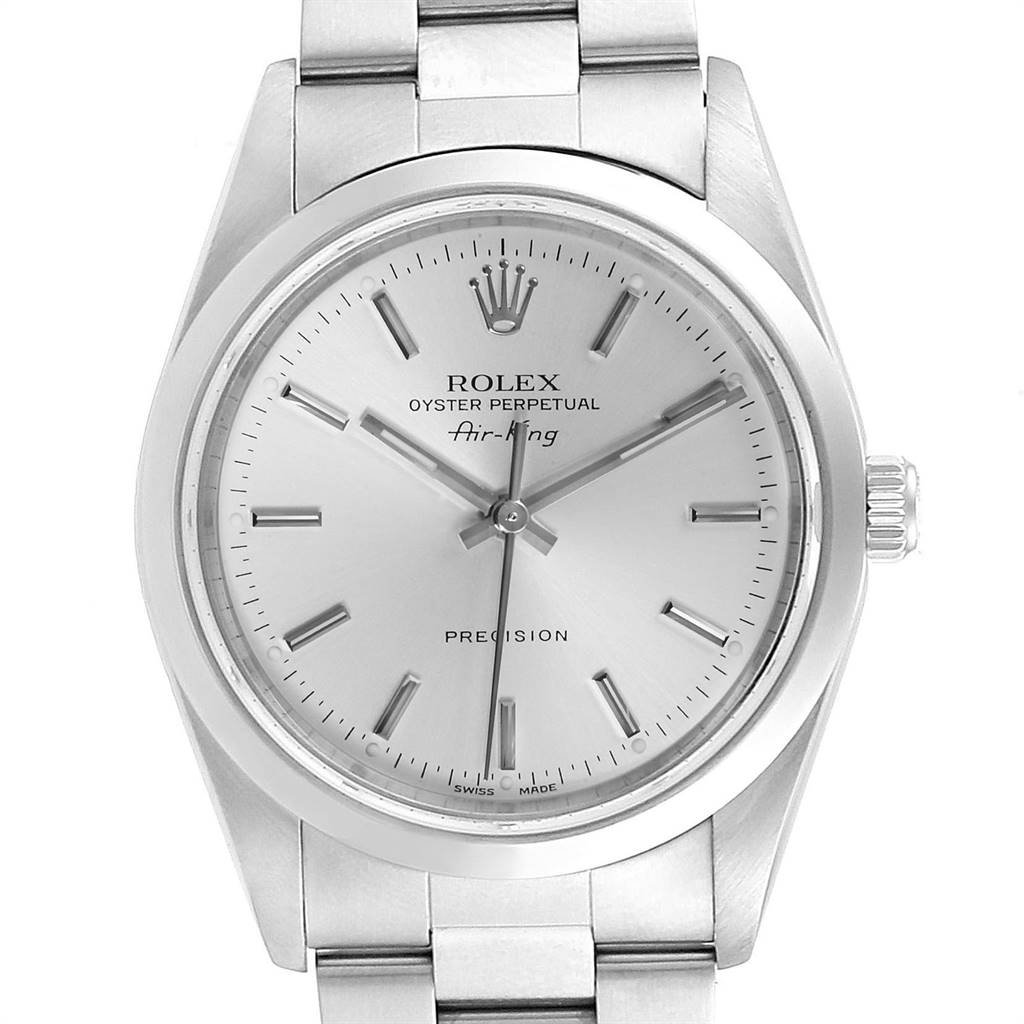 The image displays a front view of a Rolex Air-King 14000 Men's Stainless Steel Silver Dial 14000 Men's Stainless Steel Silver Dial watch, showcasing its dial, crown, and part of the bracelet.