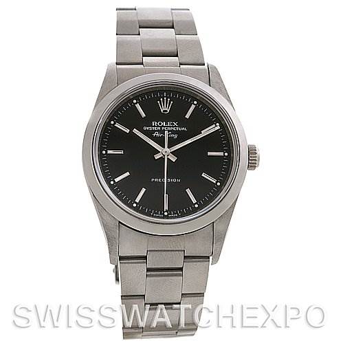 The image shows a front angle view of a Rolex Air-King 14000 Men's Stainless Steel Black Dial 14000 Men's Stainless Steel Black Dial watch, displaying its dial, bezel, bracelet, and crown.