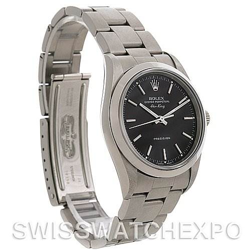 The image shows a side-angle view of a Rolex Air-King 14000 Men's Stainless Steel Black Dial 14000 Men's Stainless Steel Black Dial watch, showcasing its dial, case, bracelet, and clasp.