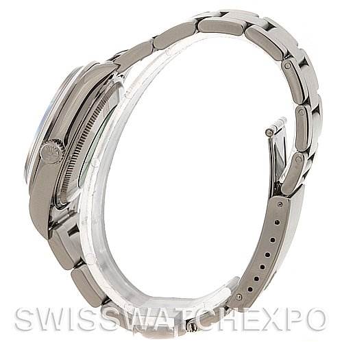 The image shows a side view of an Air-King model Rolex watch, focusing on the crown, case, and bracelet.