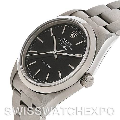 This Rolex Air-King 14000 Men's Stainless Steel Black Dial 14000 Men's Stainless Steel Black Dial watch is shown at an angle highlighting the black dial, crown, and part of the bracelet.