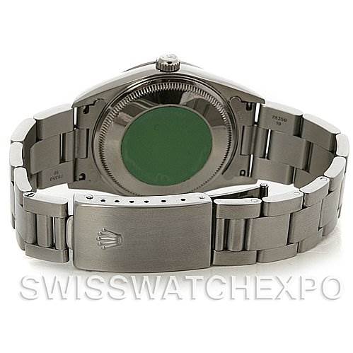 This image shows the back view of a Rolex Air-King 14000 Men's Stainless Steel Black Dial 14000 Men's Stainless Steel Black Dial watch, including the case back and the clasp of the stainless steel bracelet.