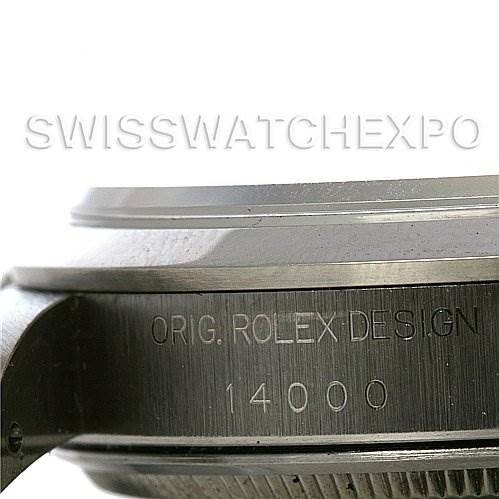 Close-up angle showing the side engraving of a Rolex Air-King 14000 Men's Stainless Steel Black Dial 14000 Men's Stainless Steel Black Dial watch with model number 14000.