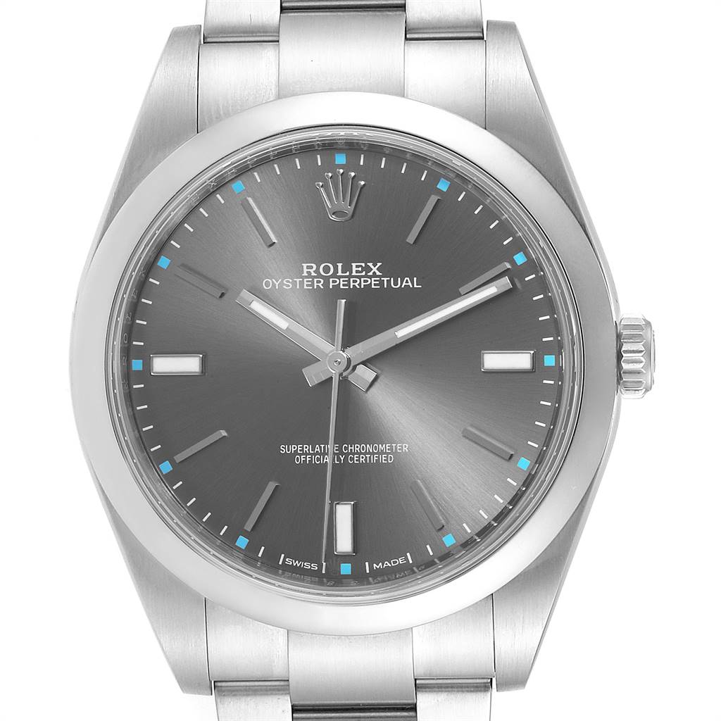 The image shows a front view of a Rolex Oyster Perpetual 114300 Men's Stainless Steel Silver Dial 114300 Men's Stainless Steel Silver Dial watch, displaying its face, hour markers, hands, and part of the bracelet.