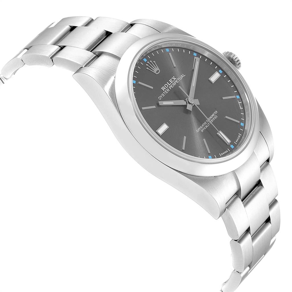 The Rolex Oyster Perpetual 114300 Men's Stainless Steel Silver Dial 114300 Men's Stainless Steel Silver Dial watch is shown at an angle showcasing its face, bezel, crown, and partially the bracelet.