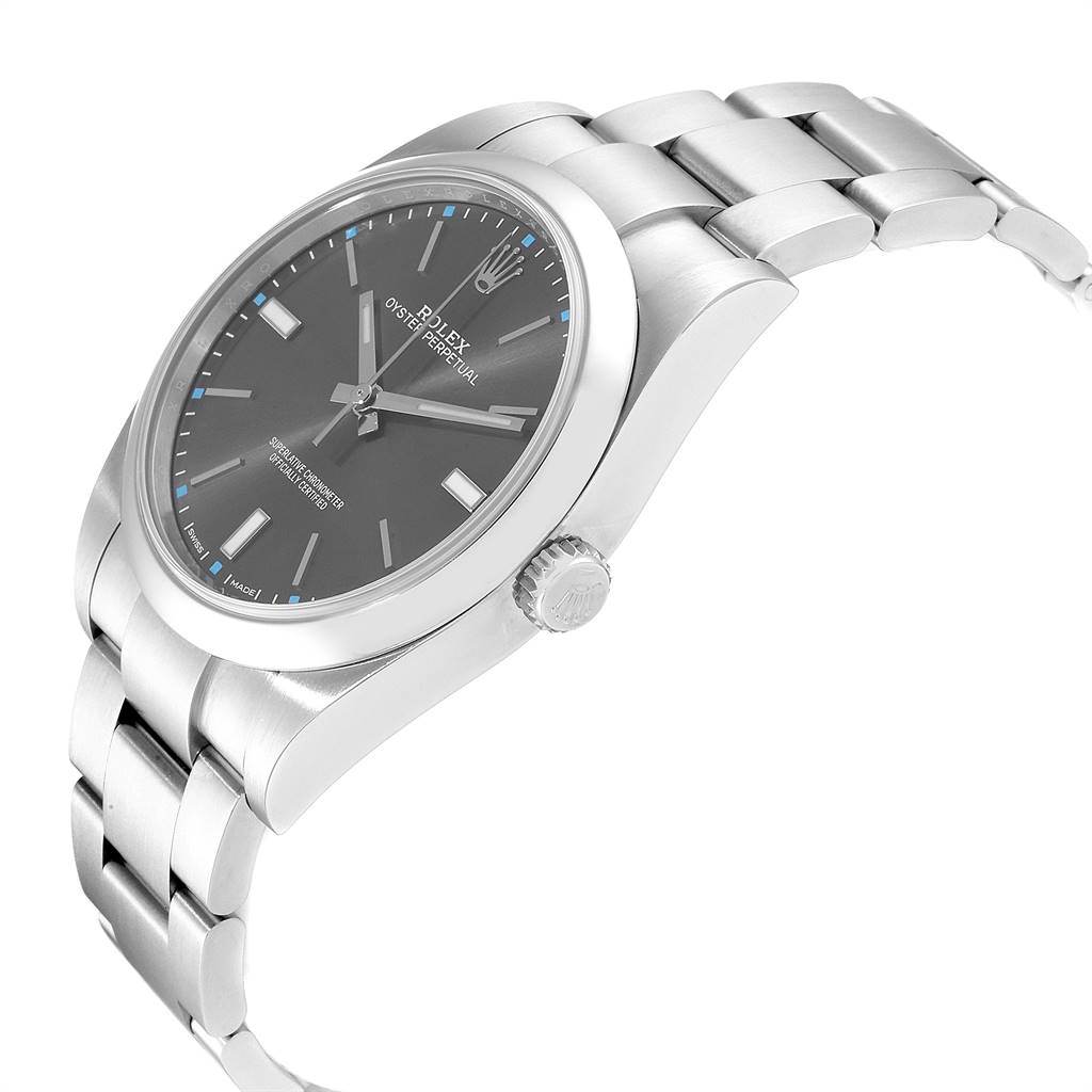 This image shows a side angle of a Rolex Oyster Perpetual 114300 Men's Stainless Steel Silver Dial 114300 Men's Stainless Steel Silver Dial watch, highlighting the dial, crown, and part of the stainless steel bracelet.