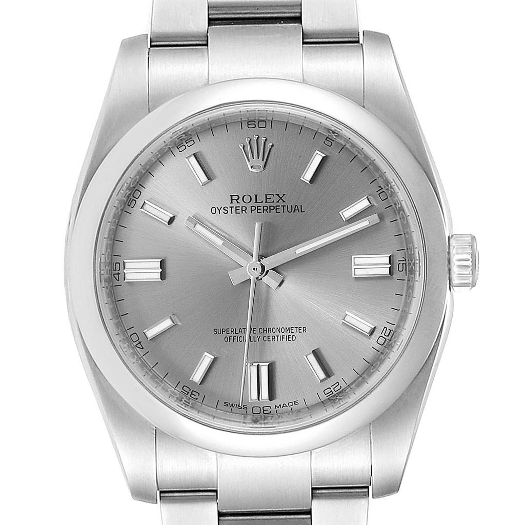 Rolex Oyster Perpetual Rhodium Dial Steel Mens Watch 116000 Box Card
