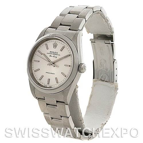 This image shows a Rolex Air-King 14000M Men's Stainless Steel Silver Dial 14000M Men's Stainless Steel Silver Dial watch from a three-quarter angle, highlighting the face, bezel, crown, and the metal bracelet.