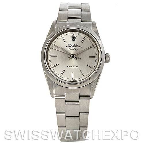 This Rolex Air-King 14000M Men's Stainless Steel Silver Dial 14000M Men's Stainless Steel Silver Dial watch is shown from a front angle, displaying the face, dial, bezel, crown, and bracelet.