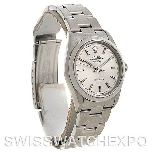 The image shows a Rolex Air-King 14000M Men's Stainless Steel Silver Dial 14000M Men's Stainless Steel Silver Dial watch from an angled front view, highlighting the dial, bezel, and part of the bracelet.