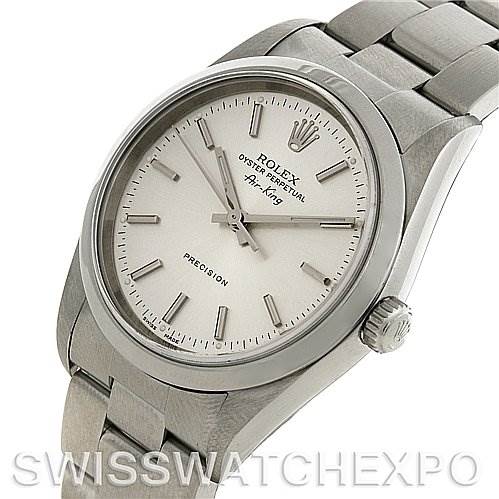 The image shows a Rolex Air-King 14000M Men's Stainless Steel Silver Dial 14000M Men's Stainless Steel Silver Dial watch at an angled view, highlighting its dial, crown, and part of the bracelet.