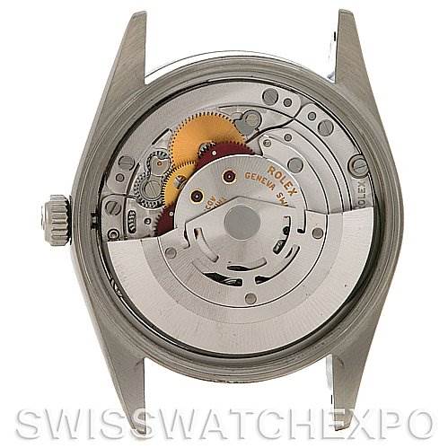 This image shows the movement and inner components of a Rolex Air-King 14000M Men's Stainless Steel Silver Dial 14000M Men's Stainless Steel Silver Dial model, viewed from the back with the case back removed.
