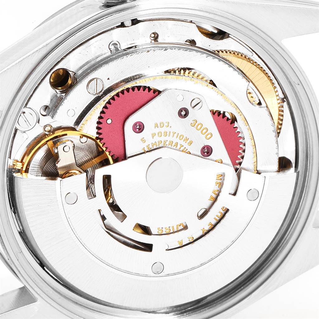 This image shows the movement mechanism of a Rolex Air-King 14000 Men's Stainless Steel White Dial 14000 Men's Stainless Steel White Dial watch, highlighting intricate gears and components.
