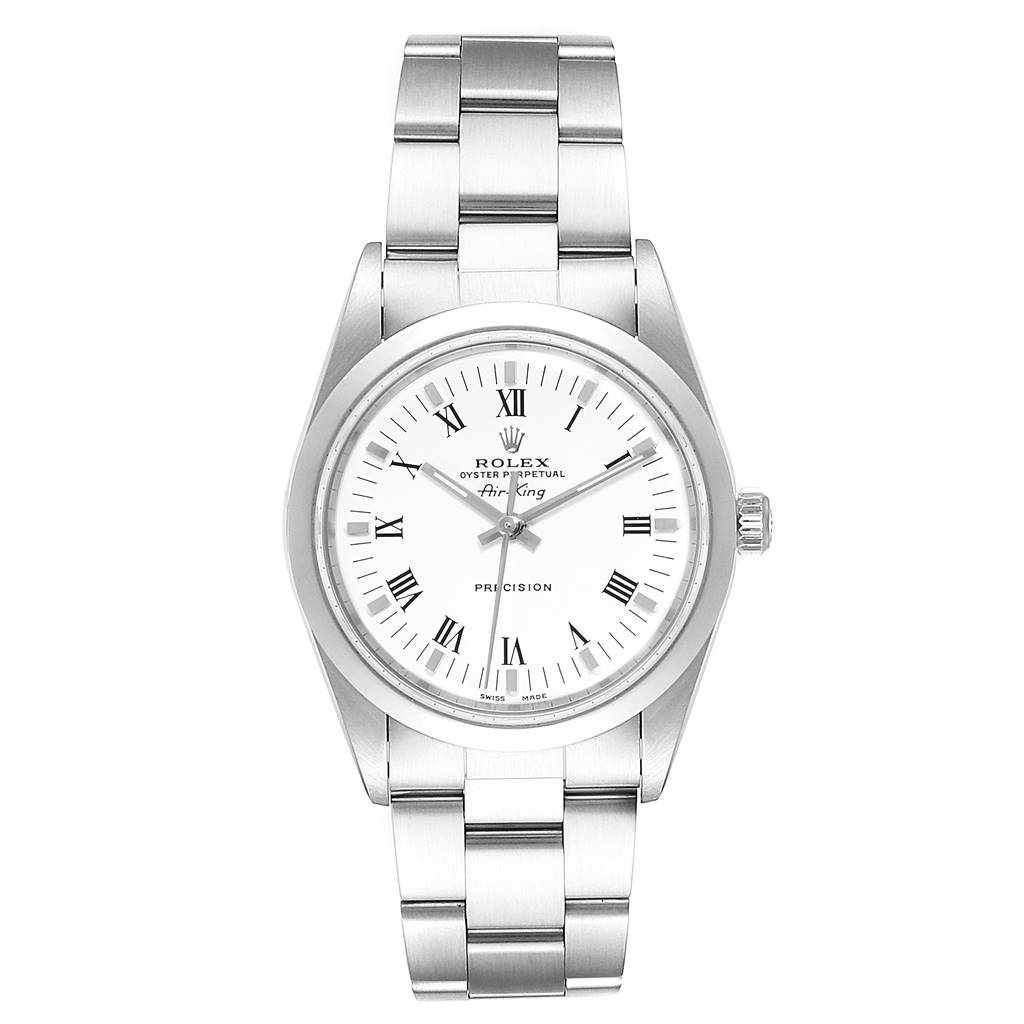 This image shows a Rolex Air-King 14000 Men's Stainless Steel White Dial 14000 Men's Stainless Steel White Dial watch from a top-down angle, featuring its white dial, Roman numerals, and stainless steel bracelet.