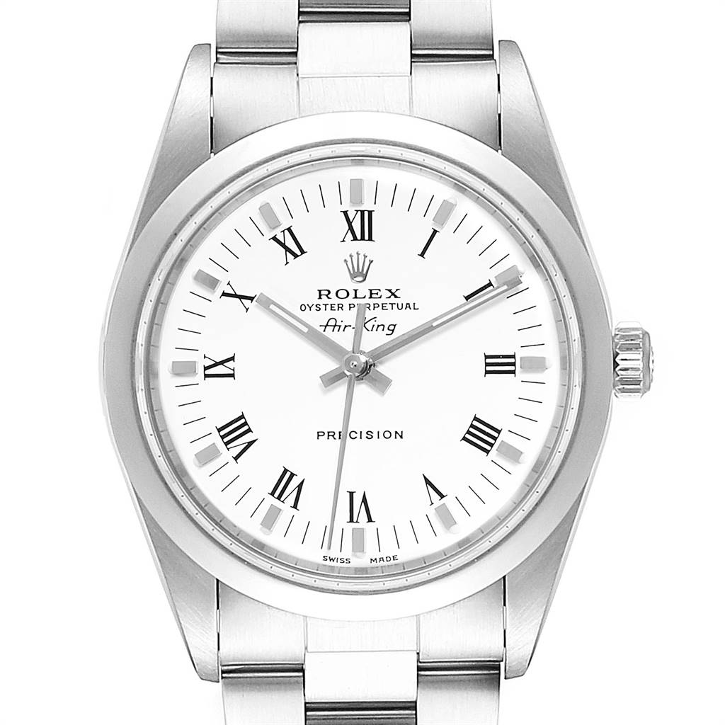 This image shows a front view of a Rolex Air-King 14000 Men's Stainless Steel White Dial 14000 Men's Stainless Steel White Dial watch, focusing on the dial, case, and part of the bracelet.
