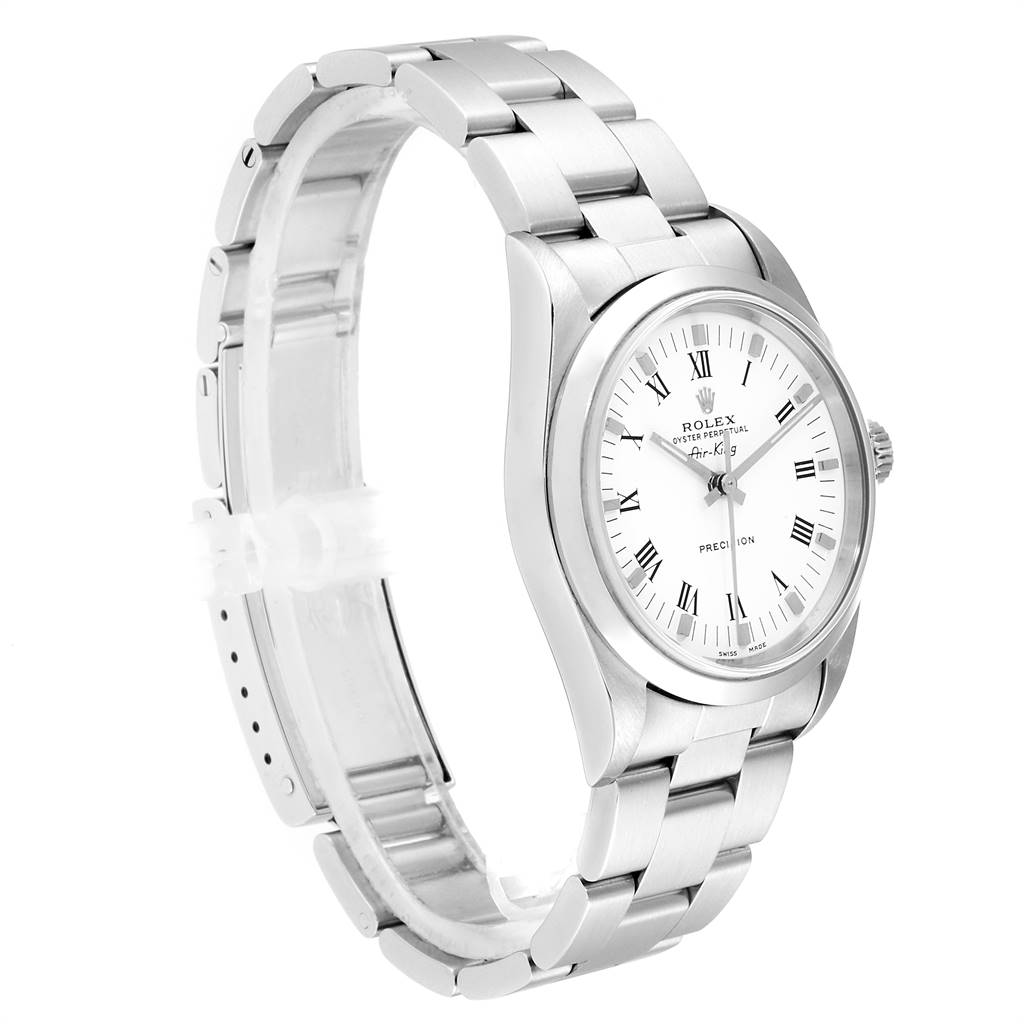 The Rolex Air-King 14000 Men's Stainless Steel White Dial 14000 Men's Stainless Steel White Dial watch is shown at a slight angle, displaying its bracelet, dial, and crown.