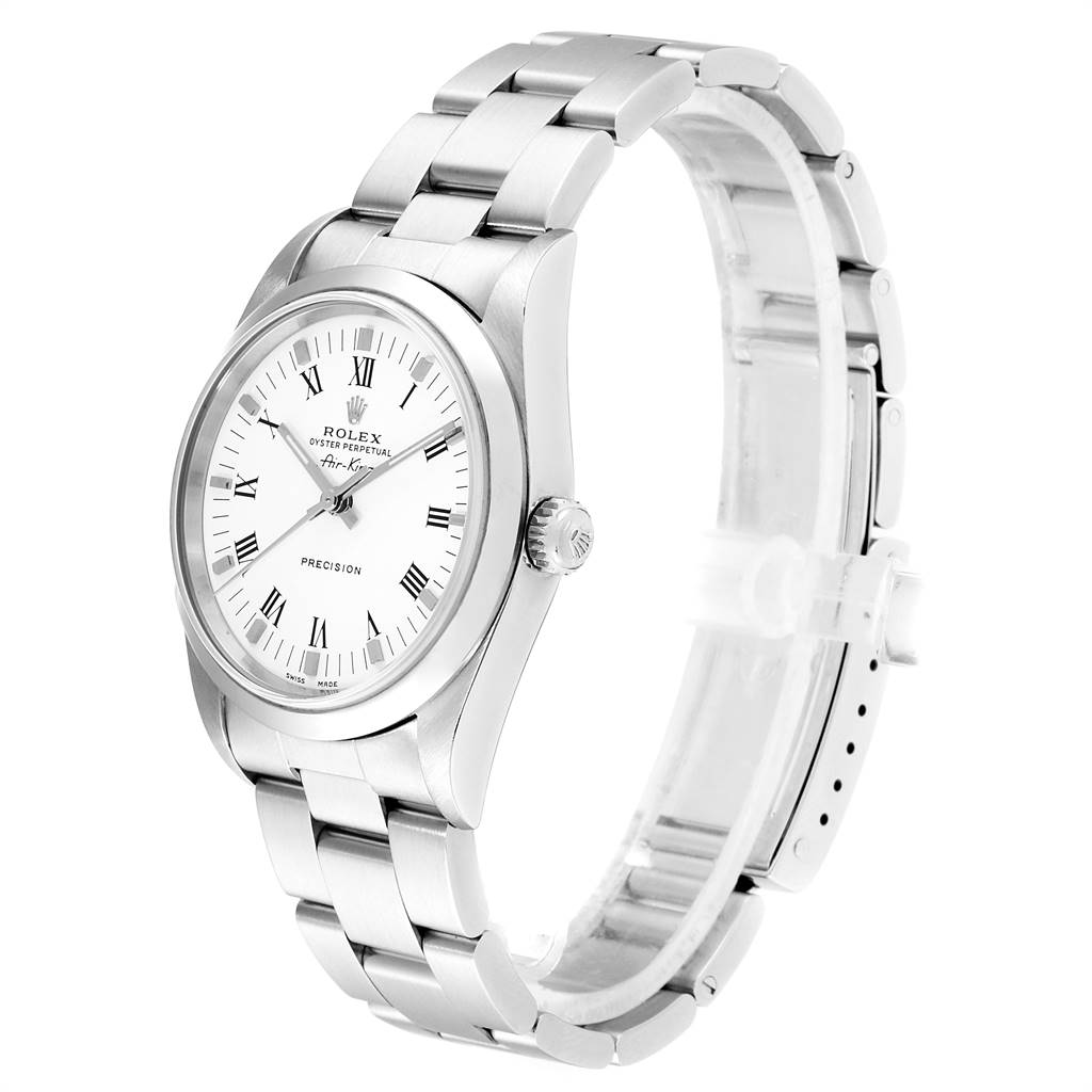 The Rolex Air-King 14000 Men's Stainless Steel White Dial 14000 Men's Stainless Steel White Dial watch is shown at a slight angle, highlighting the dial, crown, and bracelet.